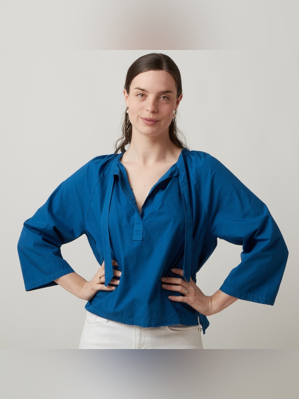 New The Little Project Harper Nantucket Relaxed Tie-Neck Cotton Shirt Blue Azure